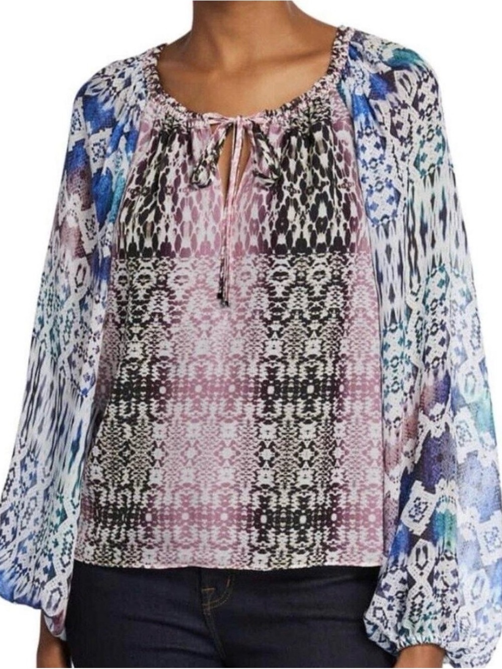#803 RAMY BROOK 100% SILK Kayden Pink & Blue Mixed-Print Peasant Blouse